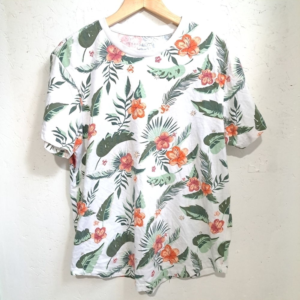 Aeropostale | White tropical pattern men's crew neck t shirt